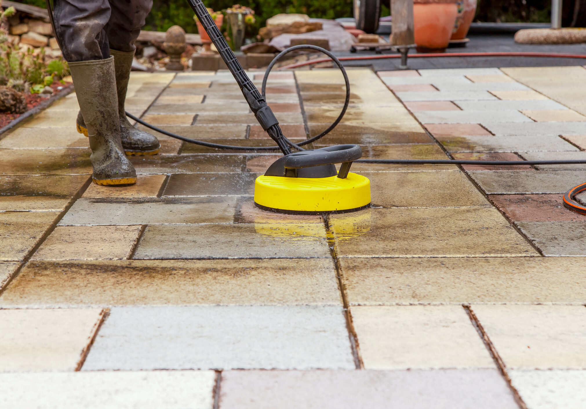 Person worker cleaning the outdoors floor.